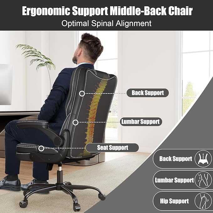 Ergonomic Office Chair with Flip-up Armrests, 300lbs Mid Back Computer Office Desk Chair with Lumbar Support, Executive Leather Chair with Rocking Function Adjustable Height for Home Office