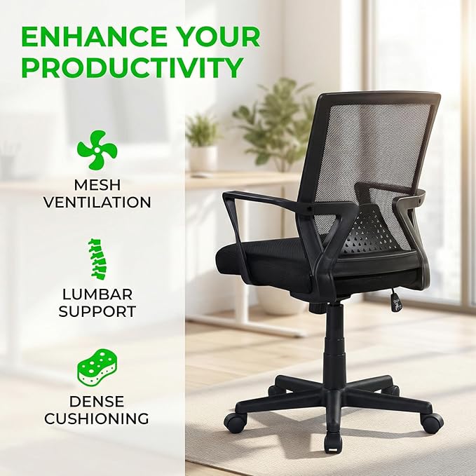 Mesh Office Chair, Breathable Mid-Back Ergonomic Work Chair with Lumbar Support & High-Density Foam Seat, Black Mesh Chair for Home & Office