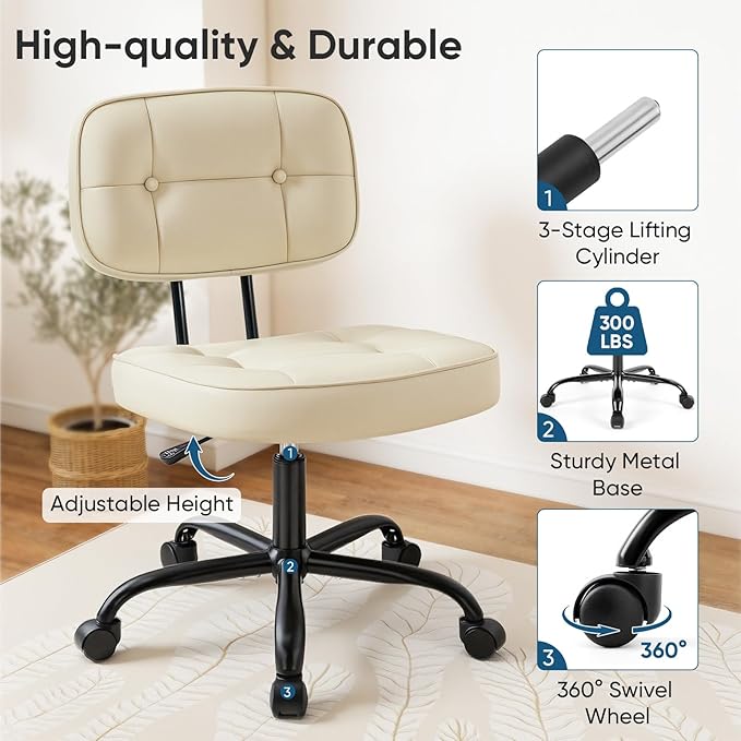 DUMOS Home Office Desk Chair - Ergonomic Armless PU Leather Computer Rolling Task Chair，with Comfy Lumbar Support and Height Adjustable, Vanity, Bedroom, Living Room, Beige