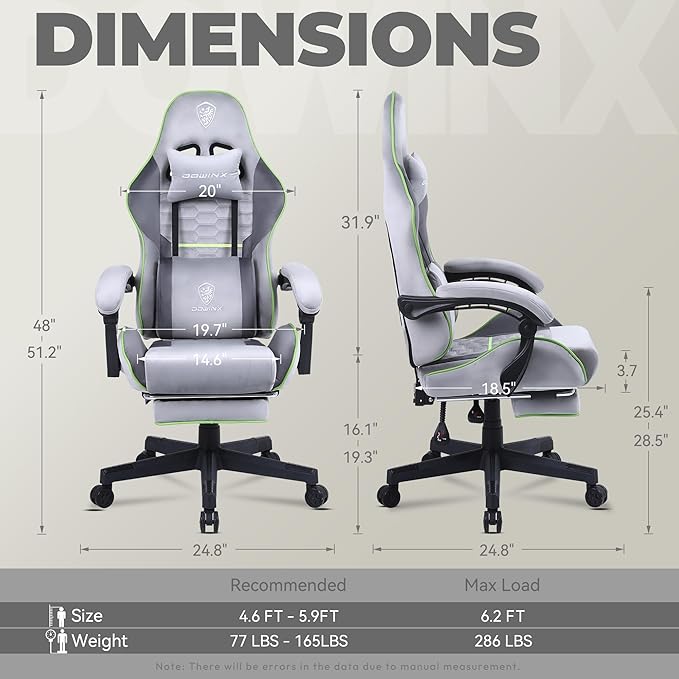 Dowinx Gaming Chair Fabric with Pocket Spring Cushion, Massage Game Chair Cloth with Headrest, Ergonomic Computer Chair with Footrest 290LBS, Light Grey