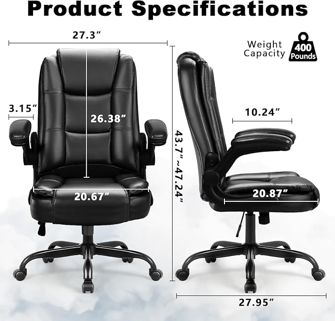 OFIKA Leather Office Desk Chair,Ergonomic Office Chair with Lumbar Support,Computer Chair,Executive Leather Chair with Padded Flip-up Arm,Adjustable Armrests, Gray,275LBS