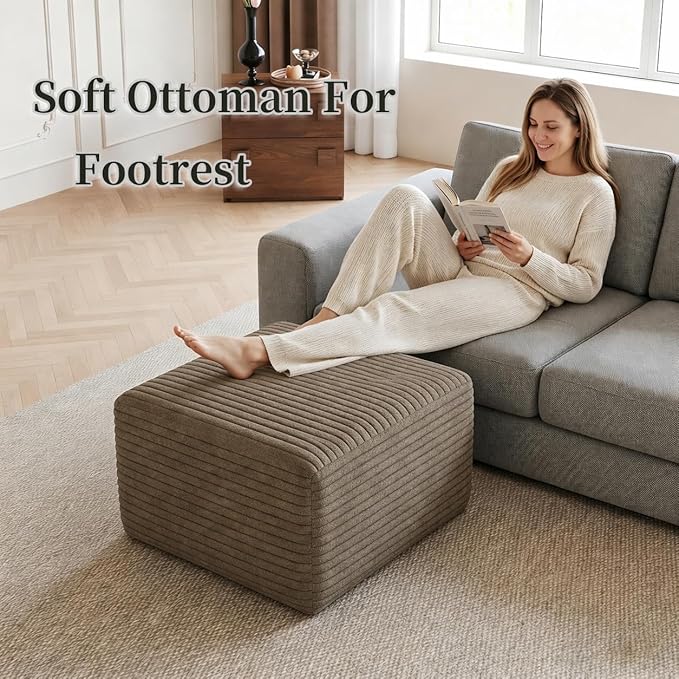 25.6" Ottoman Foot Rest for Couch，Plush Corduroy Rectangle Ottomans,Upholstered Memory Foam Couches Ottomans - Compressed Sofa in a Box No Assembly Require,Camel