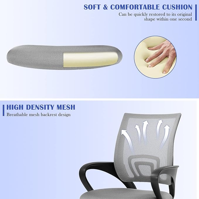 MKDLUFEI Modern Grey Mesh Office Chair with Lumbar Support Arms, Adjustable Height, Breathable Mesh Backrest, Comfortable Home Office Desk Chair for Adults