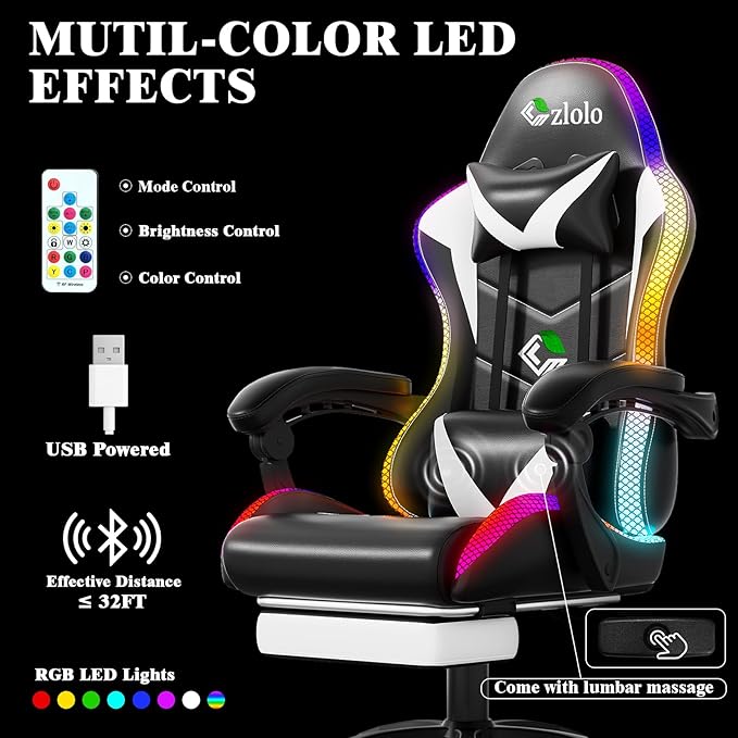 Czlolo Gaming Chair, Racing Style RGB LED Lights Gaming Chairs for Adults and Kids, Lumbar Massager Gamer Chair, High Back Reclining Computer Chair with Footrest and Headrest (Black/White)