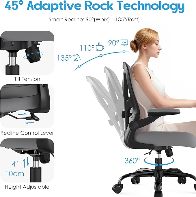 Office Chair Ergonomic Desk Chair - Mesh Computer Chair Breathable Task Chair with Wheels Adjustable Lumbar Support Home Desk Office Chairs with Flip up Armrest Gray 6 Pack