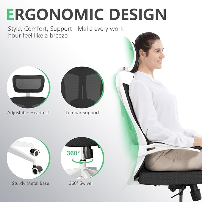 350 LBS Ergonomic Office Computer Mesh Chair - Adjustable Height Rolling Desk Chair with Flip-Up Armrests & High Back Support - Comfortable Swivel Task Chair for Home Office (03WHITE-Black)
