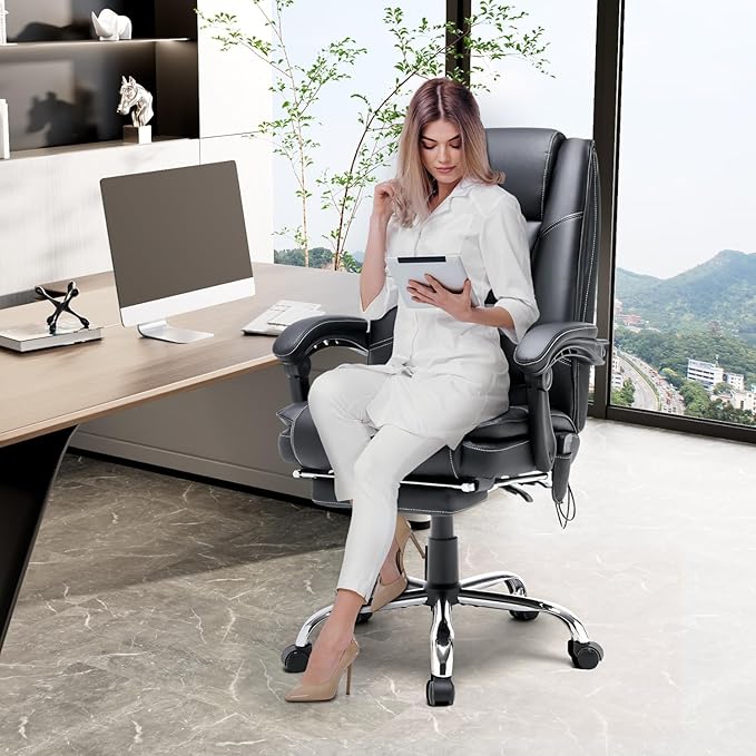 HOMREST Executive Office Chair with Heat and Massage, High-Back PU Leather Ergonomic Desk Chair with Retractable Footrest and Link Armrests, Reclining Computer Chair for Home Office (Black)