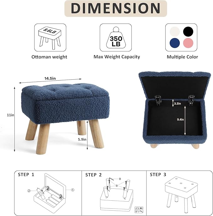 OGEMXU Storage Ottoman, Small Foot Stool Ottoman with Storage, Boucle Teddy Velvet Foot Rest with Padded Seat, Sturdy Wood Legs Stool for Living Room, Bedroom, Couch, Enterway (Dark Blue)