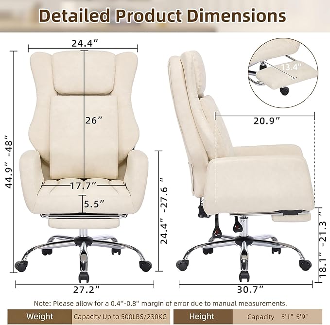 DYHOME Criss Cross Office Chair with Footrest, Executive Office Chair Ergonomic Flip-Up Armrest Wide Seat, Adjustable Reclining Computer Desk Chairs for Working, Gaming, Relaxing, PU Leather Beige