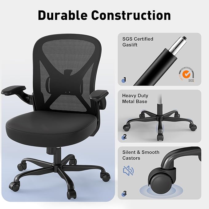 Ergonomic Mesh Office Chair, Computer Chair with Flip-Up Armrests, Adjustable Lumbar Support, Height Adjustable, Smooth Casters, and 360° Swivel, Black