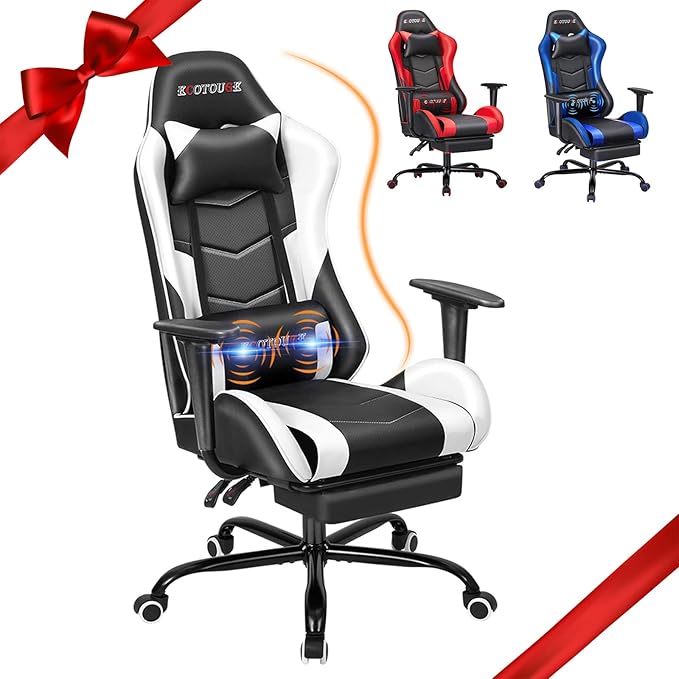 ECOTOUGE PC Massage Gaming Chair with Footrest Ergonomic Office Desk Chair Racing PU Leather Recliner Swivel Rocker with Headrest and Lumbar Pillow,White