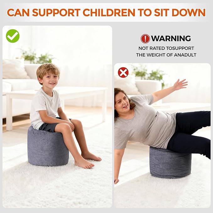 20" x 20" x 15" Pouf Ottoman Foot Rest, Pre-Stuffed Round Foot Stool with Odorless Shredded Memory Foam, Furry & Fluffy Corduroy Footrest for Living Room, Dark Grey