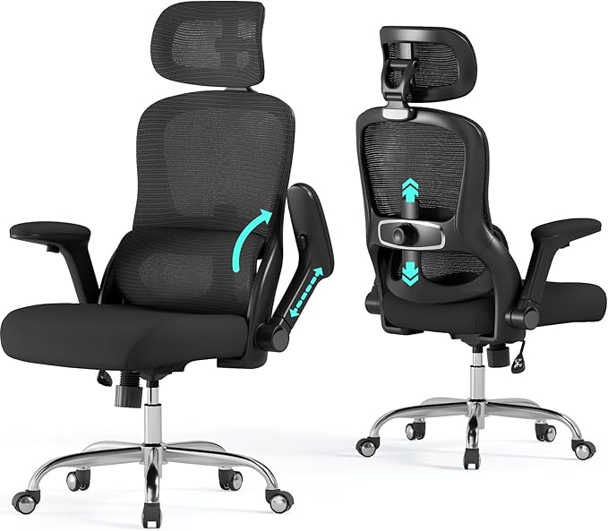 Office Chair - Ergonomic Desk Chair with Adjustable Headrest Lumbar Support Computer Chair - Mesh Comfy Chairs with Flip-up Armrests - Big and Tall Gaming Chairs for Adults Home Office(Black)