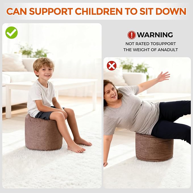 26" x 26" x 18" Pouf Ottoman Foot Rest, Pre-Stuffed Round Foot Stool with Odorless Shredded Memory Foam, Furry & Fluffy Corduroy Footrest for Living Room, Brown