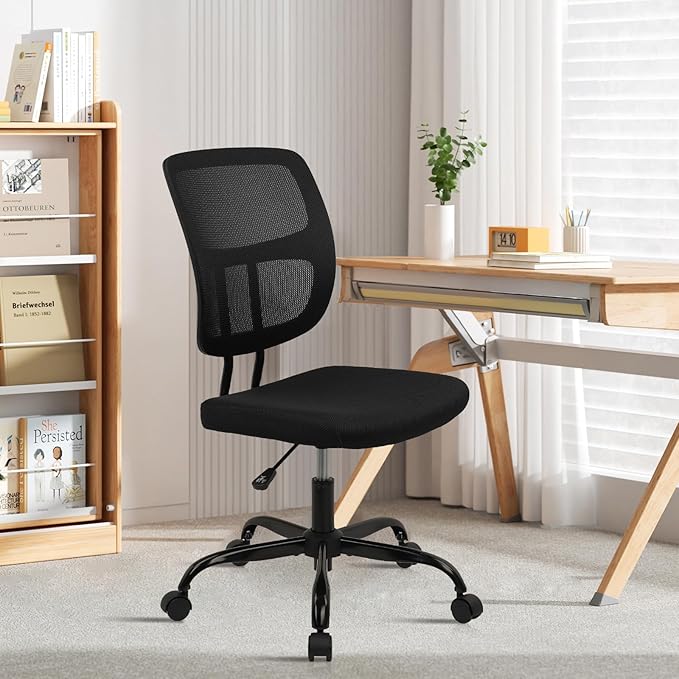 CLATINA Armless Home Office Chair, Small Ergonomic Mesh Back Desk Chair with Lumbar Support and Wheels, Adjustable Height 360° Swivel Rolling Computer Chair for Conference Waiting, Black, 8Pack