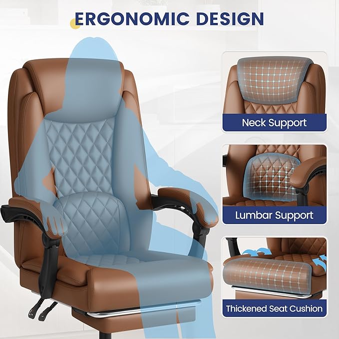 Shahoo Big and Tall Office Chair Height Adjustable Faux Leather Chair with Footrest and Lumbar Support, Ergonomic High Back Computer Chair with 360° Swivel Wheels Task Chairs for Office Home, Brown