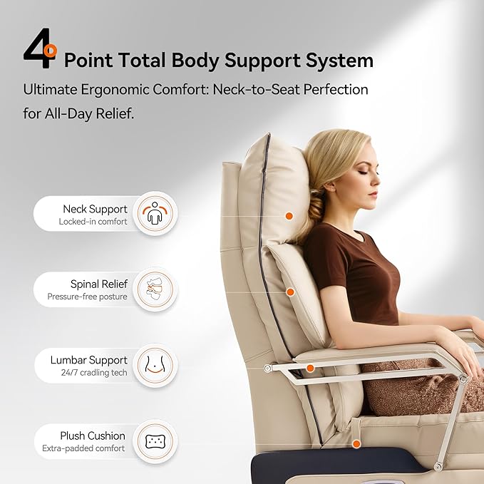 OKUP® M80A Dual Motor Electric Executive Office Chair with Heat Massage Ventilation, Comfortable Reclining Office Chair Wide Seat, Ergonomic Leather Home Office Desk Chair (Beige,Multi-Functionality)
