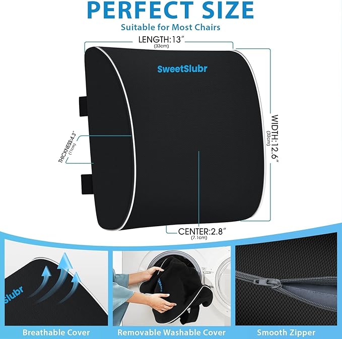 SweetSlubr Large Lumbar Support Pillow for Office Chair, Car Seats and Home Desks, Ergonomic Back Support with Double Adjustable Straps, Machine Washable Cover, Black
