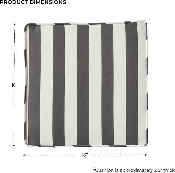 Outdoor 18 inch Square Patio Dining Chair Pads – Comfortable Fiber-Filled Seat Cushions with Ties, Reversible Polyester Fabric - Canopy Stripe Gray, Set of 2