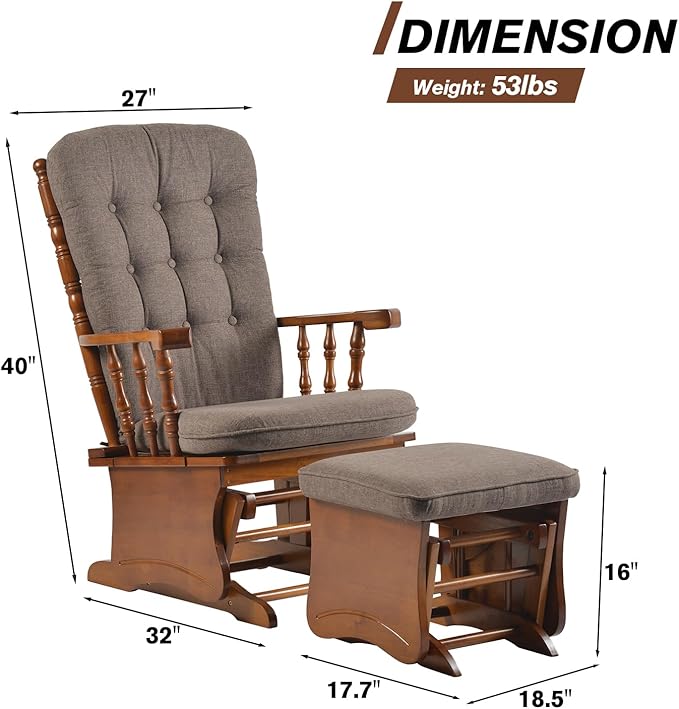 Anti-Pinch Solid Wood Hand Glider Rocking Chair Set with Ottoman, Padded Cushion, Rustic Rubber Wood Nursery Glider for Nursing, Relaxing, Living Room, Bedroom, Oak Colored