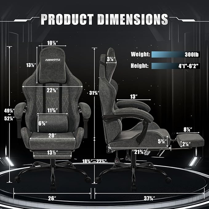 Gaming Chair Video Game Chairs with Large Headrest, Linkage Armrests, Retro PU Leather Ergonomic Computer Chair for Gaming or Office, Grey
