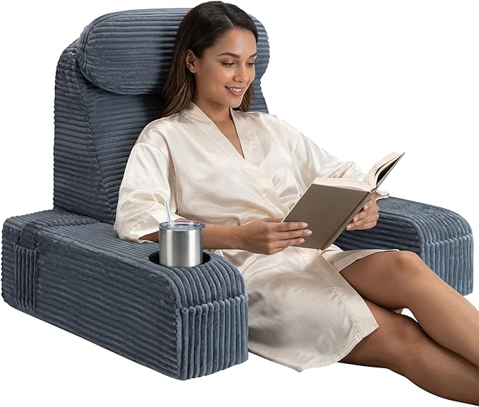Reading Pillow/Backrest Pillow with Arms, Cup Holder & Phone Pocket - Bed Rest Pillow with Adjustable Headrest, Corduroy Fabric for Back Support in Bed/Sofa/Floor (Gray, 21 INCH)