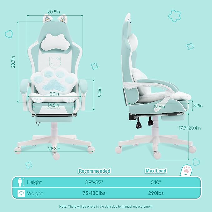 Dowinx Gaming Chair Cute with Cat Ears and Paw Lumbar, Ergonomic Computer Chair for Girl with Footrest and Headrest, Comfortable Reclining Game Chair 291lbs for Adult, Teen, Blue Green