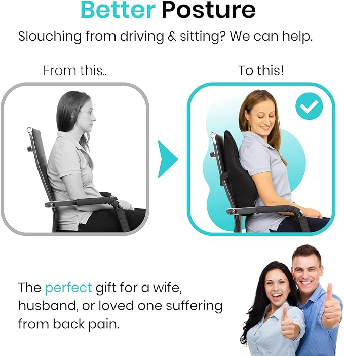 Vive Full Lumbar Cushion - Memory Foam Contour Support for Lower Back Pain - Ergonomic Pressure Relief for Office Chair, Car - Large Mesh Orthopedic Seat Backrest Roll for Improving Posture (Black)