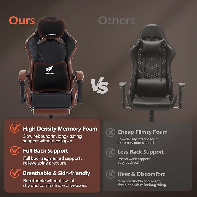 Ergonomic Gaming Chair for Adults with Footrest - PU Leather Computer Gamer Chair with Memory Foam Headrest & Lumbar Pillow, Reclining Silla Gamer Video Game Chair for Home Office, Black & Brown