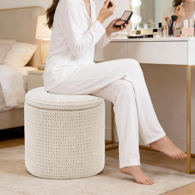 Wimarsbon Pouf Ottoman, 100% Cotton Knitted Boho Footstool, Round Footrest with Non-Skid Wood Legs, Home Décor Handmade Pouffe, Leisure Floor Step Stool for Living Room (18inch White Storage Ottoman)