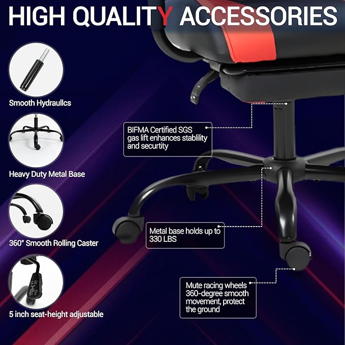 Gaming Chair with Footrest, Ergonomic PC Desk Chair with Headrest and Massage Lumbar Support, Video Game Chair with Height Adjustable High Back for Home Office, PU Leather, Red
