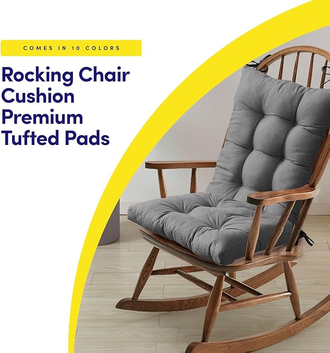 Sweet Home Collection Rocking Chair Cushion Premium Tufted Pads Non Skid Slip Backed Upper and Lower with Ties, 2 Piece Set, Gray (Pack of 1)