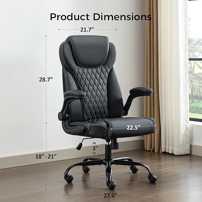 amseatec Office Chair, Executive PU Leather Chair, Ergonomic Computer Desk Chair with Lumbar Support and Adjustable Flip-Up Arms, Rocking Task Chair, Black