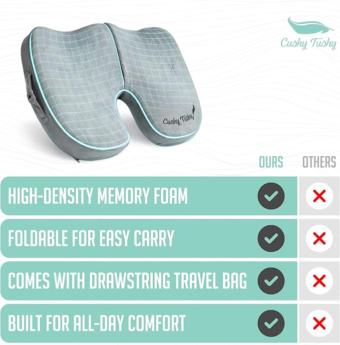 Cushy Tushy Premium Slim Foldable Travel Seat Cushion - for Relief of Lower Back, Sciatic, Butt and Tailbone Pain - for Home & Office Use, Perfect for Travel or Driving - Slim Coccyx Seat Cushion