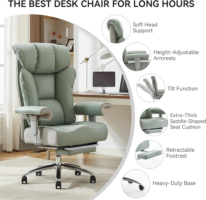 Efomao Big and Tall Office Chair 400lbs - Heavy Duty Executive Desk Chair with Foot Rest & 23" Wide Seat - High Back Ergonomic Leather Computer Chair for Heavy People, Home Office, Green