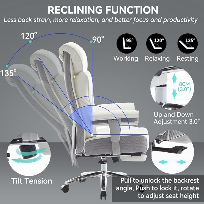 Efomao Big and Tall Office Chair with Footrest, 450lbs High Back Executive Chair with Spring Cushion, PU Leather Upholstery, Padded Armrests, Swivel Base, and Rolling Wheels – White Computer Chair