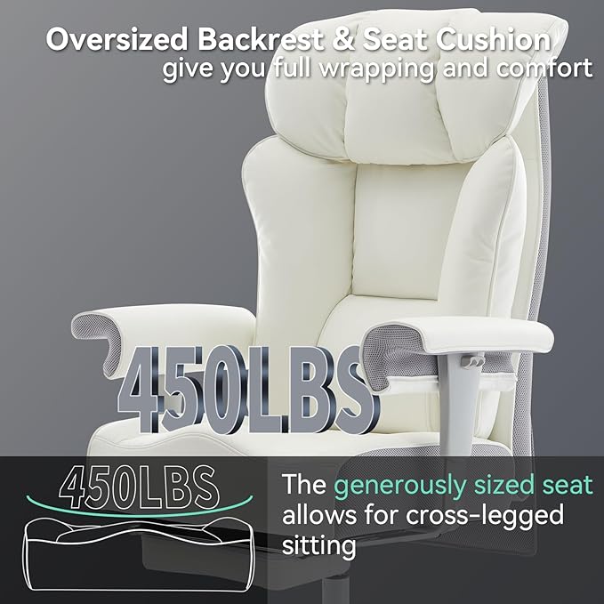 Efomao Big and Tall Office Chair with Footrest, 450lbs High Back Executive Chair with Spring Cushion, PU Leather Upholstery, Padded Armrests, Swivel Base, and Rolling Wheels – White Computer Chair