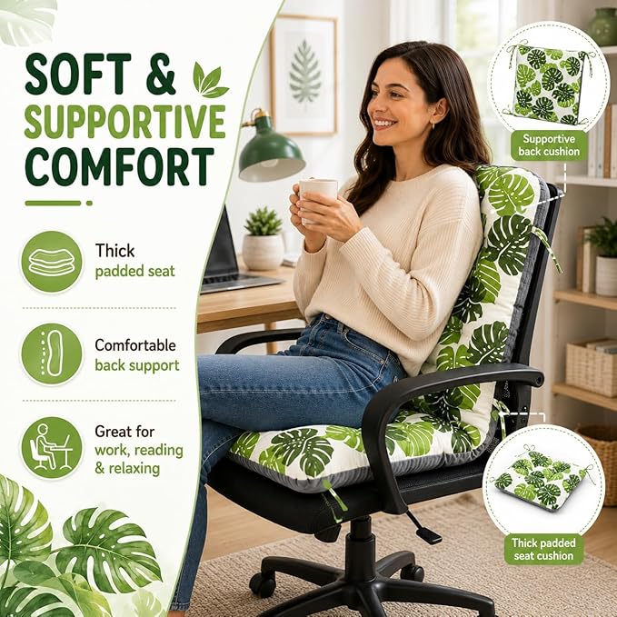 ChezMax Chair Cushion Cotton Linen Detachable Seat Back Cushion with Ties Thickened Chair Pads for Outdoor Car Office Patio Bedroom Living Room Green Bale