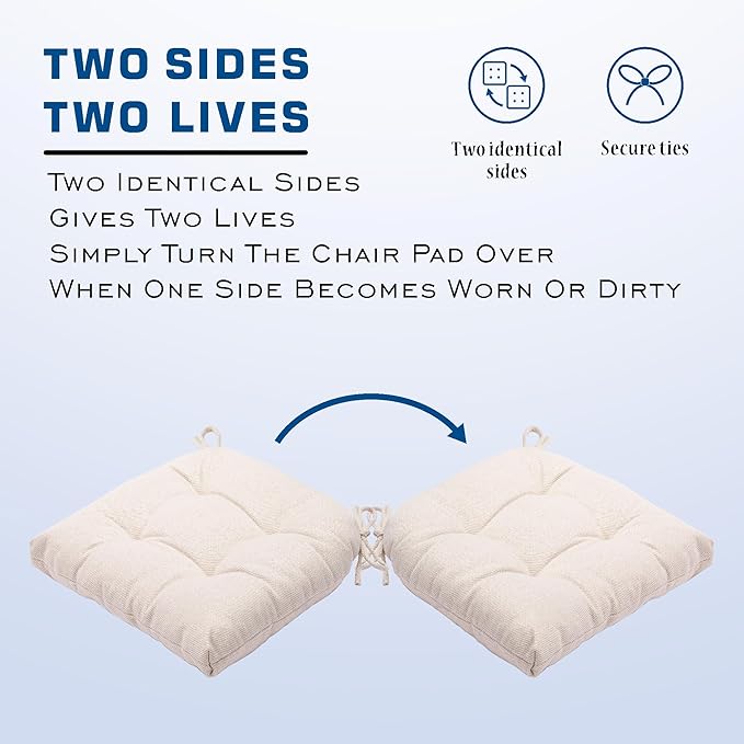SQUARE MOON D-Shaped 3" Thick Chair Cushions, Chair Pads for Dining Chairs and Kitchen Chairs, Indoor Dining Room Seat Cushions with Ties, Machine Washable, 17" x 16" x 3", 4/Pack, Ivory