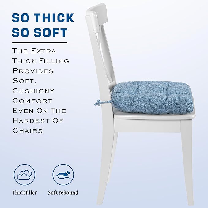 SQUARE MOON D-Shaped 3" Thick Chair Cushions, Chair Pads for Dining Chairs and Kitchen Chairs, Indoor Dining Room Seat Cushions with Ties, Machine Washable, 17" x 16" x 3", 4/Pack, Light Blue