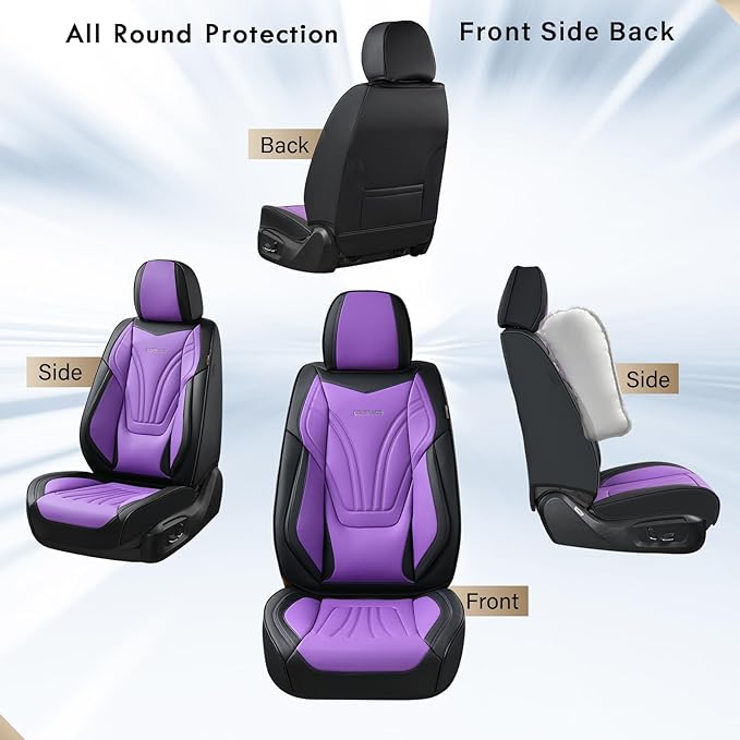 Coverado Car Seat Covers Full Set, 5 Piece Car Seat Protector with Lumbar Support & Removable Headrest, Breathable Leather Front Rear Seat Cushion Universal Fit for Truck Automotive Purple