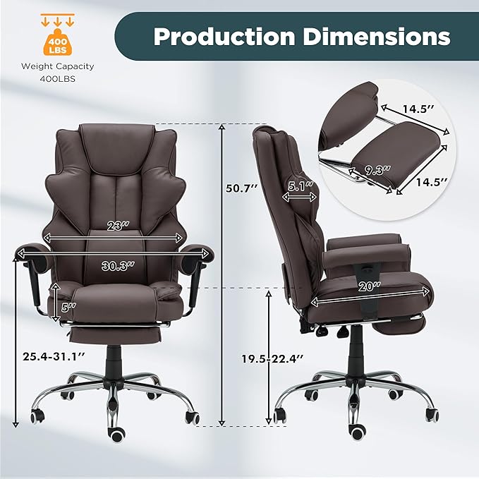 HOMREST Brown Ergonomic Office Chair with 6-Point Vibration Massage & Heat – Reclining Executive Chair with Adjustable Footrest and Armrests, PU Leather Big and Tall Home Office Desk Chair