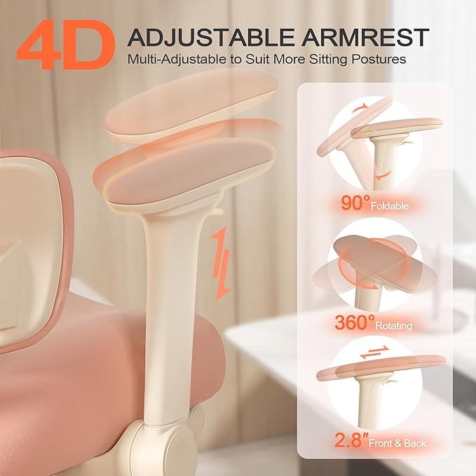 Ergonomic Office Chair with 4D Flip-Up Arms & Footrest, Mesh Desk Gaming Chair with 3D Headrest & 2D Floating Wing Lumbar Support, High Back Computer Chair for Home Office Vanity, Pink
