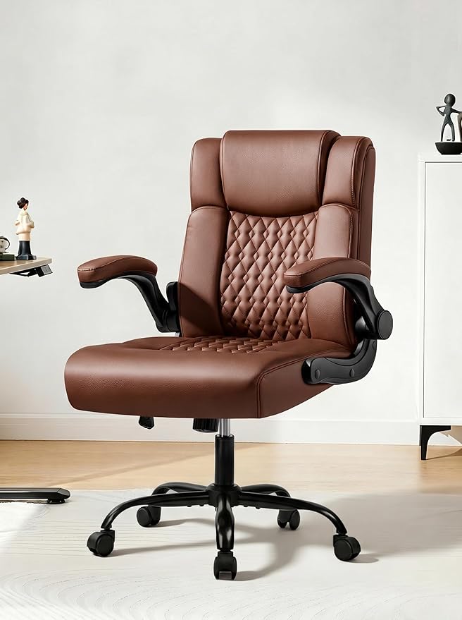Office Chair PU Leather, Ergonomic Computer Desk Chair with Lumbar Support, Executive Leather Chair with Wheels & Flip-up Armrest, Small Home Office Desk Chair for Short People Use, Brown