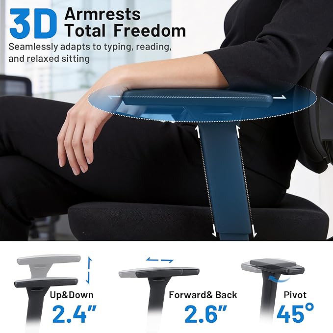 Ergonomic Office Desk Chair, High Back Breathable Mesh Computer Chair, 3D Lumbar Support, 2D Headrest & 3D Armrests, 300lbs Heavy Duty Task Chair for Home Office Work Gaming, Black