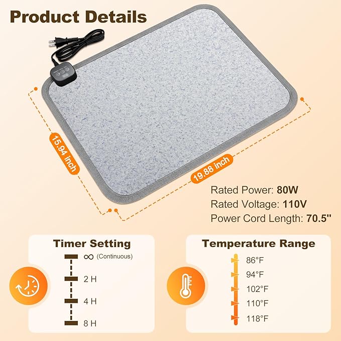 Heated Floor Mat for Foot Warmer - 110V Adjustable Temperature Under Desk Electric Heater with Timer for Office Bathroom Home, Heating Pad for Cold Feet