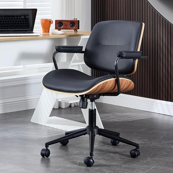 BV BONNE VIE Mid Century Walnut Office Chair with Arms, Adjustable Swivel Desk Chair, Leather Computer Chair with Rolling Wheels for Home Office or Study Room, Black