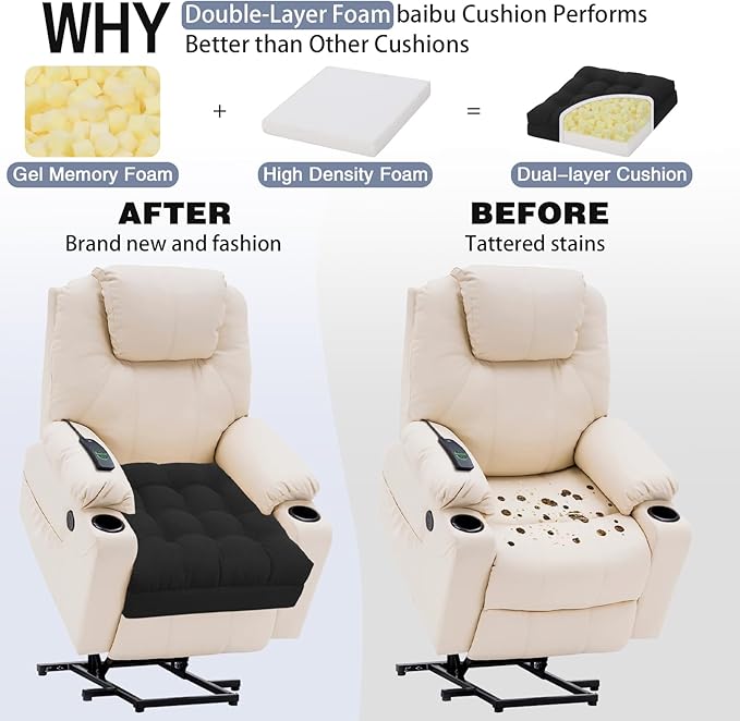 baibu Extra Large Memory Foam Recliner Cushions for Elderly, 20x20x5 Inch Thick Dual-Layer Patent Design Non-Slip Recliner Seat Cushion for Couch for Easy to Stand Up & Reduce Hip & Lumbar Pain, Black
