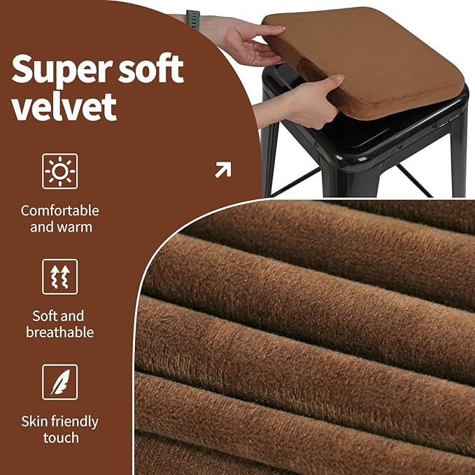 SINOSSO Magnetic Memory Foam Metal Stool Cushions Set of 2, Luxury Velvet Bar Cafe Stackable Chair Seat Pads, Non-Slip & Washable (Square, Brown, 2)
