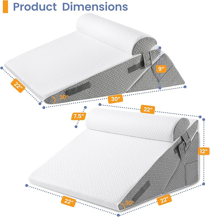 Sasttie Wedge Pillow Set for After Surgery, 2PCS Adjustable Bed Wedge Pillow Headboard with Memory Foam Neck Cushion – for Acid Reflux, Sleeping, Neck & Back Support, Dark Grey & White